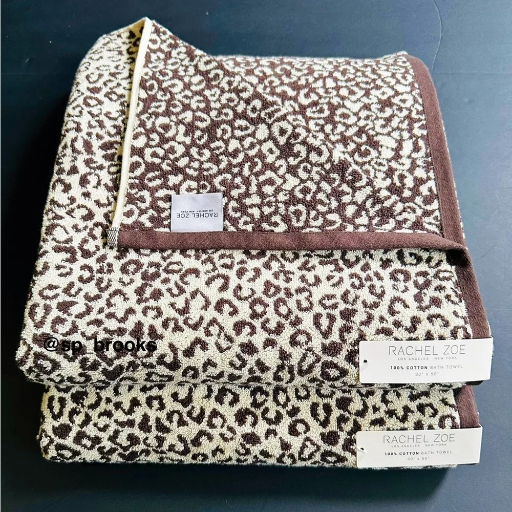 🎁RACHEL ZOE 2PC Bath Towel Set -Cotton- Brown & Tan Cheetah Print Bath - 30”x56”